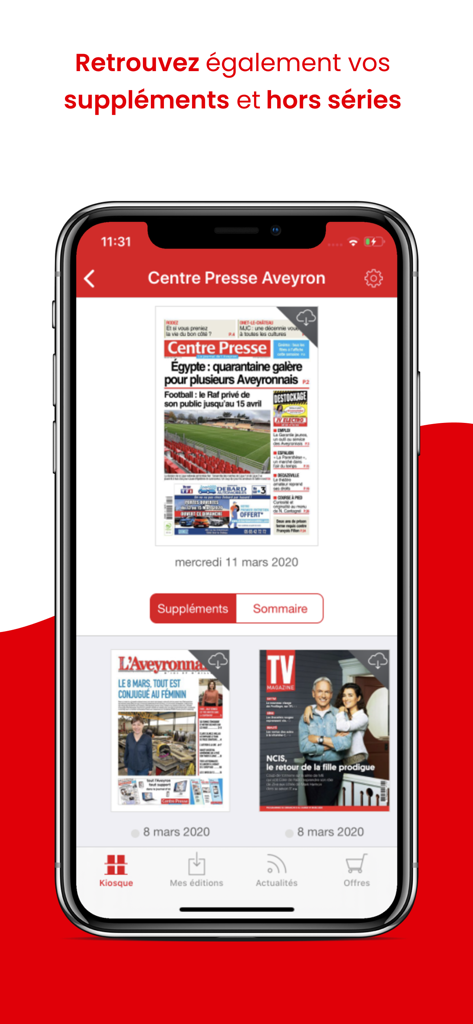 Centre Presse Le Journal - Centre Presse Aveyron app kiosk screen showing newspaper editions and supplements.