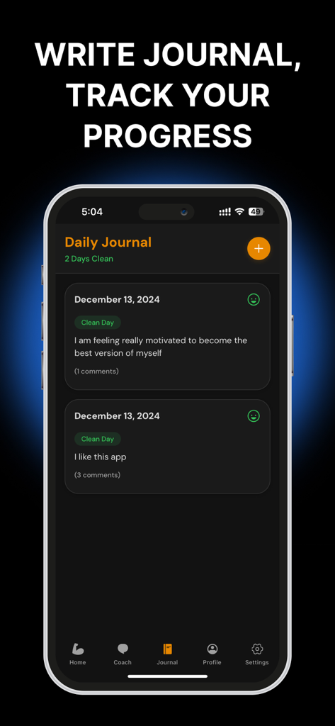 Fortify: Quit Porn Addiction - Un teléfono inteligente que muestra la pantalla del diario de la aplicación Fortify con el progreso de la recuperación y registros de días limpios