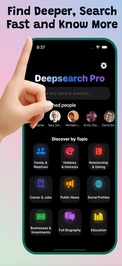 Deepsearch Pro AI QuickFind - Deepsearch Pro AI app home screen displaying search categories for family dating and career