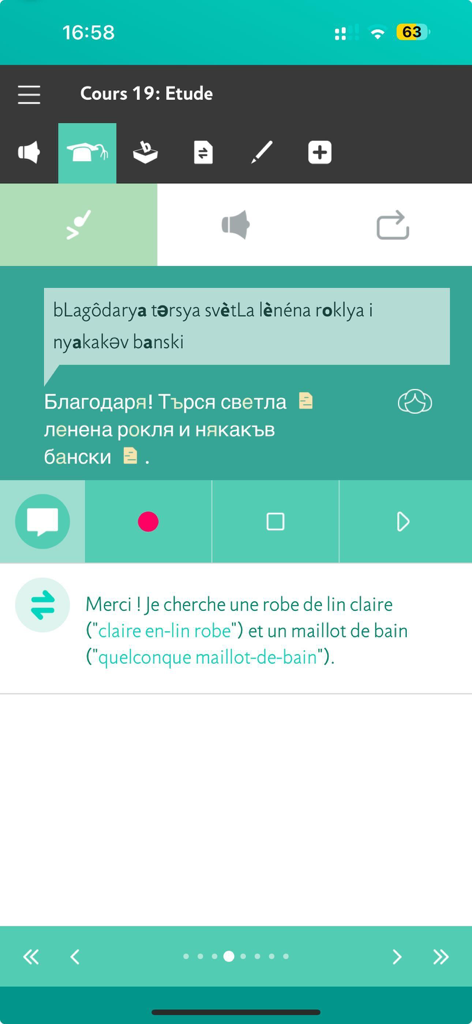Assimil - Learn languages - Assimil app interface showing a Bulgarian language lesson with phonetic transcription and French translation