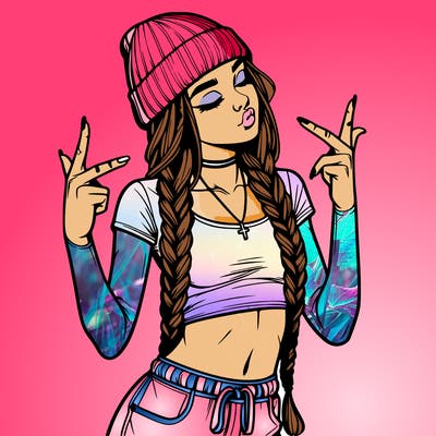 realistic teenage girl with braids and a beanie and crop top doing 🫶🏼