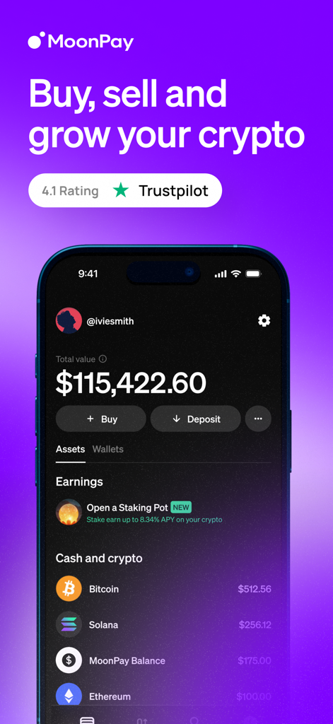 MoonPay: Buy Crypto & Bitcoin - Dashboard dell'app MoonPay che mostra il saldo del portafoglio di criptovalute e l'elenco degli asset