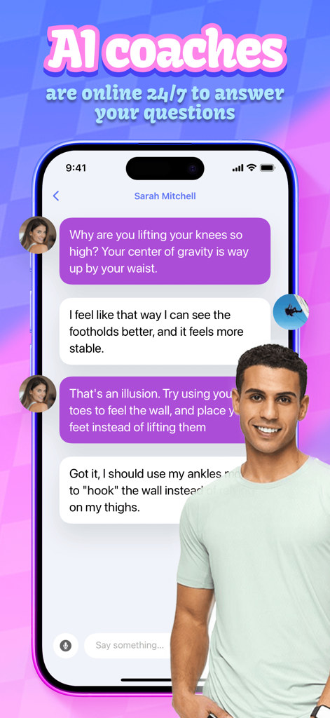 Zemra app smartphone screen showing an interactive AI coaching chat providing feedback on climbing technique and body positioning