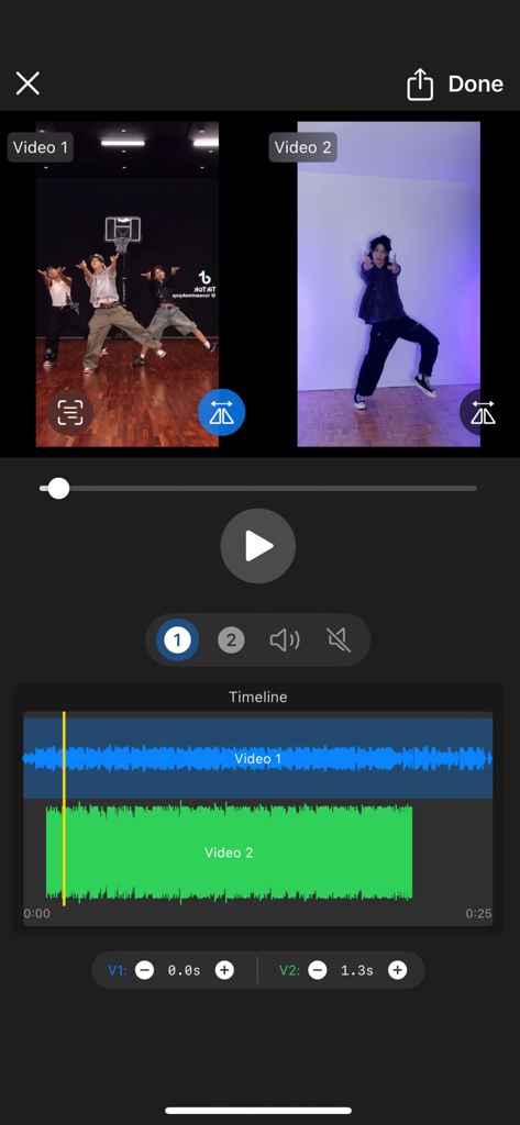 Mirrored Perfect - Side by side dance video comparison interface showing synchronized audio waveforms and playback controls