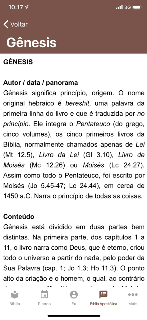 Un écran de l'application Biblia Apostolica montrant le texte d'introduction du livre de la Genèse, y compris l'auteur et un aperçu du contenu en portugais