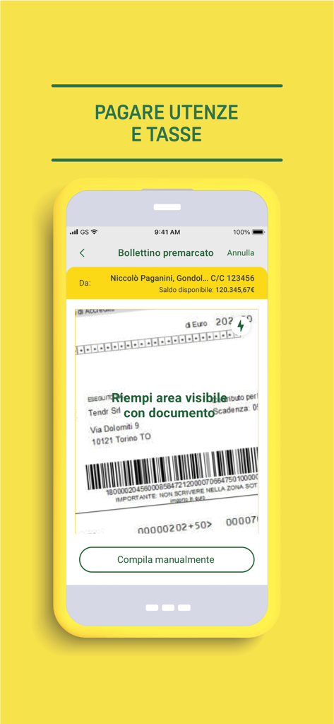 Credem Banca per imprese - Interfaz móvil de la aplicación empresarial Credem Banca que muestra un escáner de documentos para pagar facturas y impuestos