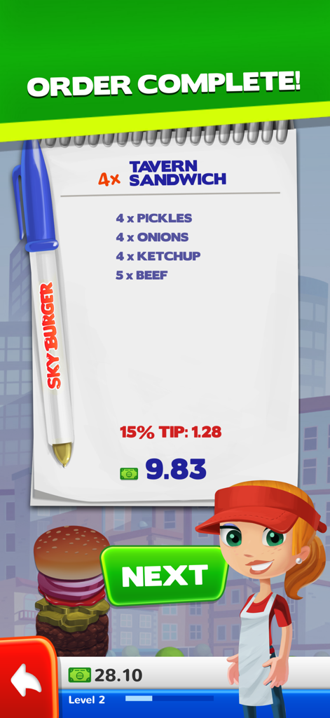 Sky Burger game screen showing a completed order receipt for a tavern sandwich next to a stacked burger and a cartoon chef