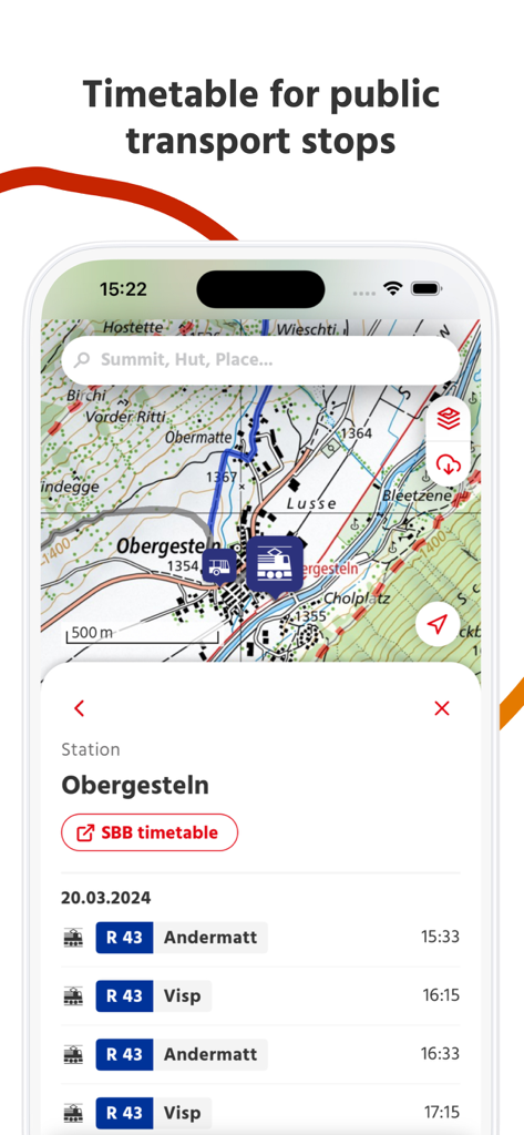 SAC – Swiss Alpine Club - Interfaz de la aplicación Swiss Alpine Club que muestra los horarios del transporte público para la estación de tren de Obergesteln integrados con un mapa topográfico
