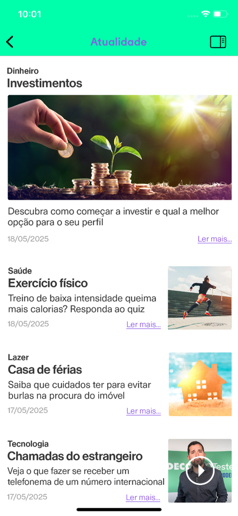 Interfaz de feed de noticias de la aplicación DECO PROteste Revistas que muestra artículos sobre inversiones y salud.