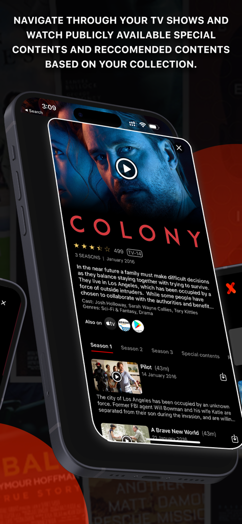 Interfaz de la aplicación IPTVX en iPhone mostrando los detalles del programa de TV y la lista de episodios de Colony