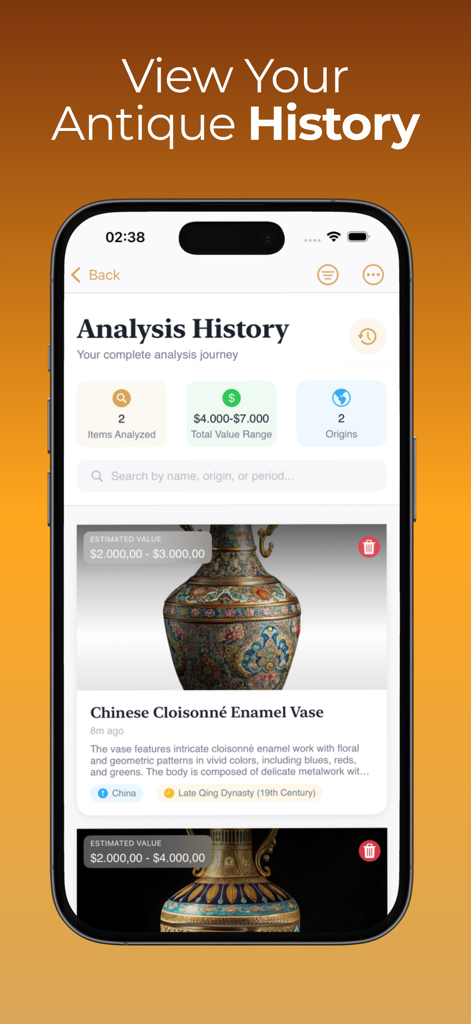 Antique Identifier by Photo - Tela do aplicativo Antique Identifier mostrando o histórico de análise e um vaso chinês identificado com avaliação de valor