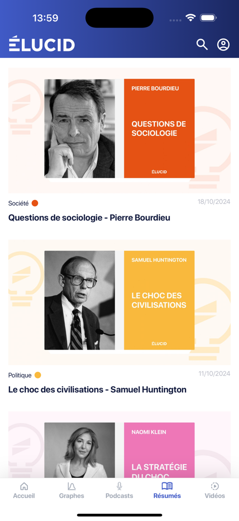 Élucid, média indépendant - Elucid mobile app displaying a list of intellectual book summaries including works by Pierre Bourdieu and Samuel Huntington.
