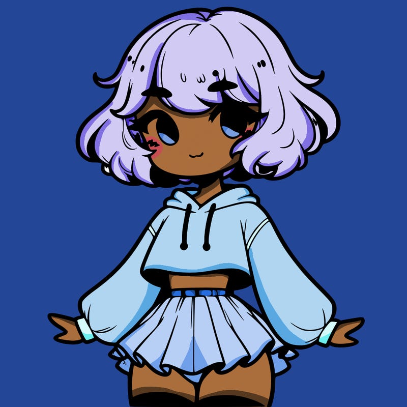 cute femboy with short, fluffy hair that softly frames their face, wearing a cropped hoodie, paired with a flouncy short skirt, and thigh-high stockings