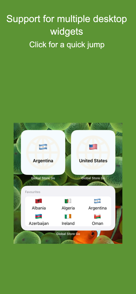 Global Store Go app widgets showing quick access shortcuts for different country app stores like United States and Argentina