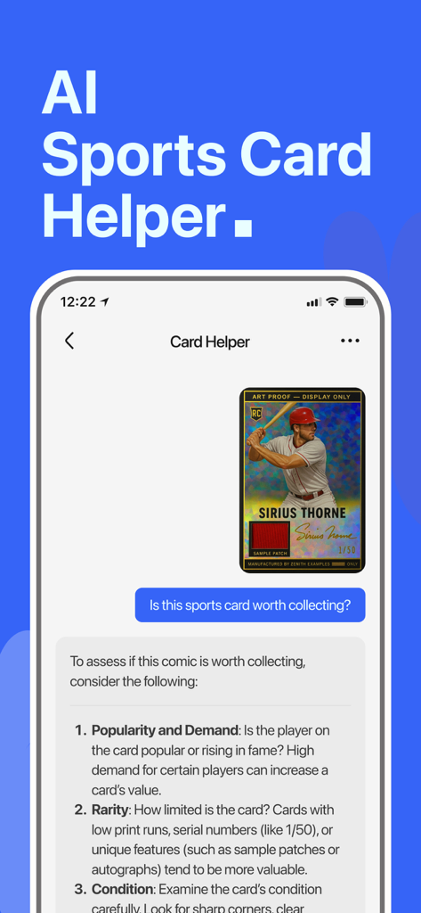StarSnap: Sports Card Scanner - AI sports card helper interface in the StarSnap app providing insights on card valuation and rarity