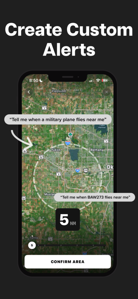 FlightDeck - Flight Tracker - Interface for creating custom geofence flight alerts on a map in the FlightDeck app