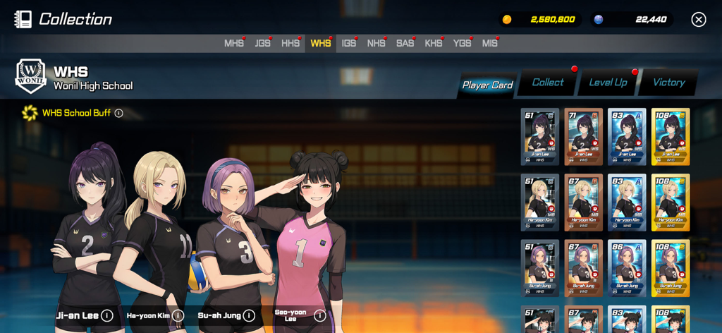 Volley Girls:High School Story - A collection screen in Volley Girls High School Story showing Wonil High School players and their character cards