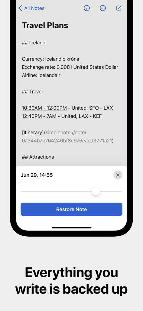 Simplenote - Simplenote app interface showing travel plans written in markdown with a note restoration slider