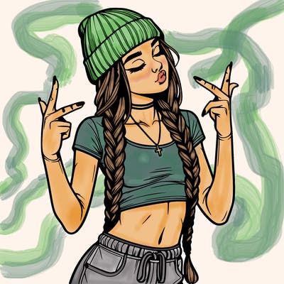 realistic teenage girl with braids and a beanie and crop top doing 🫶🏼