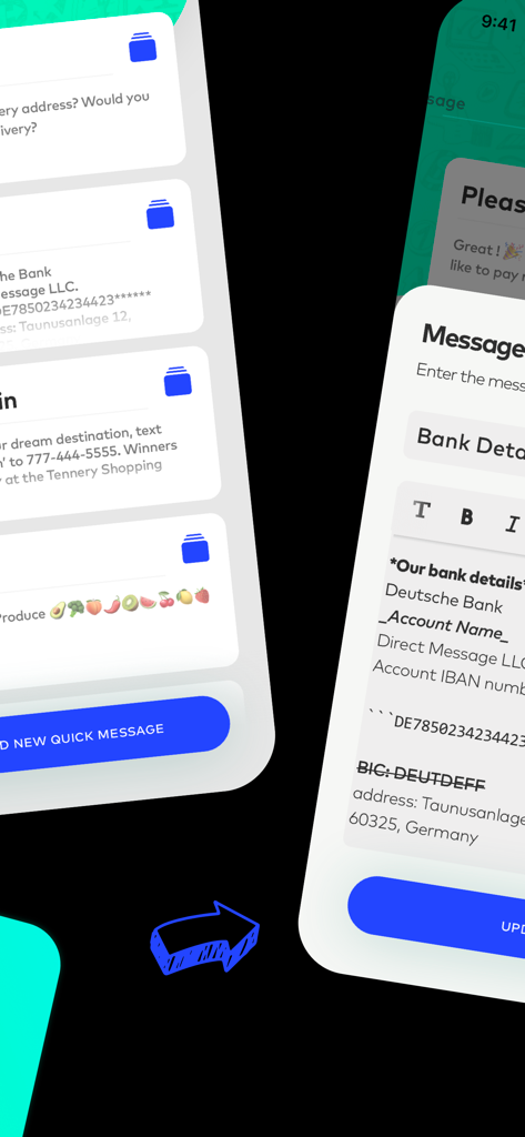 Mobile app interface showing customizable quick message templates for business and personal use
