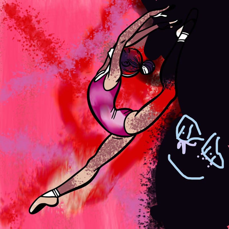gymnast doing a leap in a leotard with a bent back leg