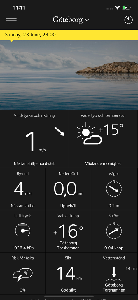 Kustväder - Kustvader mobile app weather dashboard for Goteborg showing wind wave and temperature data