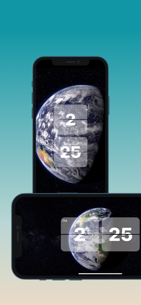 Heal Clock - Heal Clock app showing a minimalist flip clock with an Earth background on two smartphones