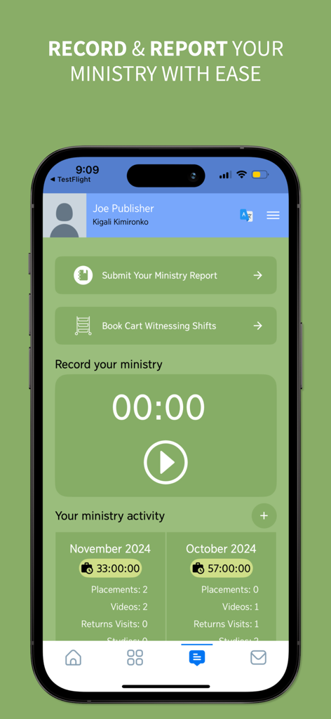 Zeal - Congregation Assistant - Uma tela móvel do aplicativo Zeal exibindo relatórios de atividade ministerial e um cronômetro de gravação.