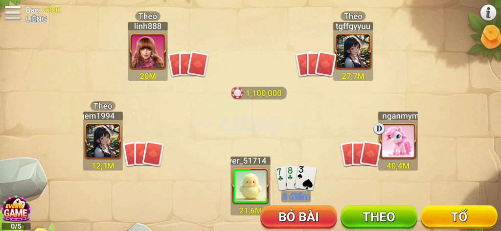 Gameplay-Oberfläche des Lieng-Kartenspiels innerhalb der Sam Loc Offline App, die Spieler-Avatare und Aktionsschaltflächen zeigt
