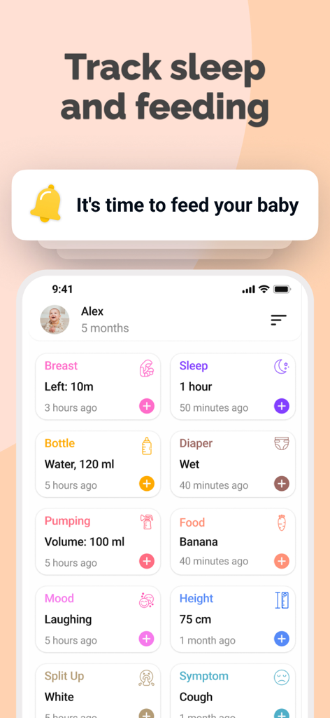 My Tiny: Baby Tracker, Sleep - Panel de la aplicación My Tiny que muestra datos registrados de sueño del bebé, tomas, cambios de pañal y síntomas de salud