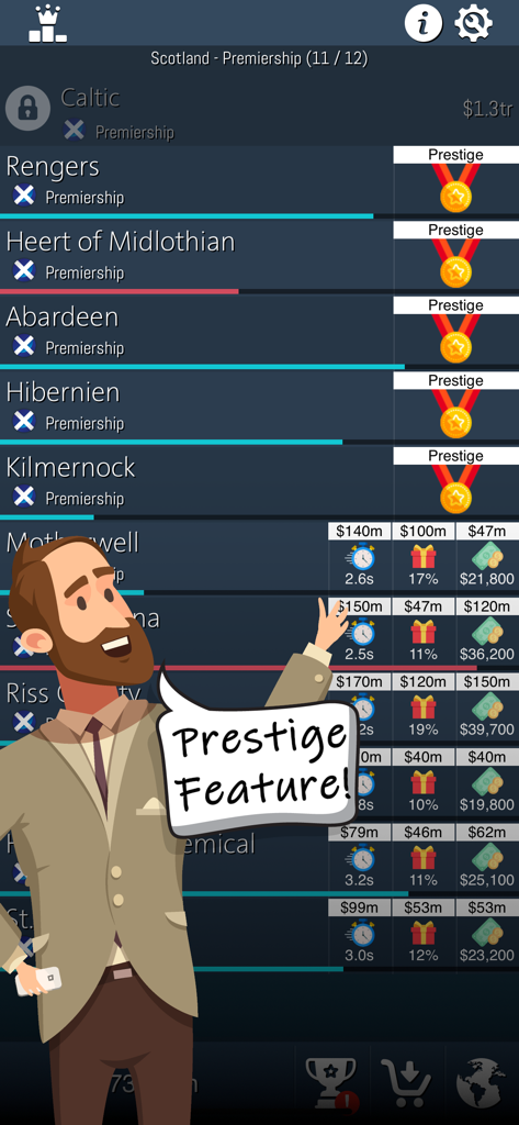 Idle Football Tycoon - Mobile game screenshot showing the prestige feature and a list of managed football clubs in Idle Football Tycoon.
