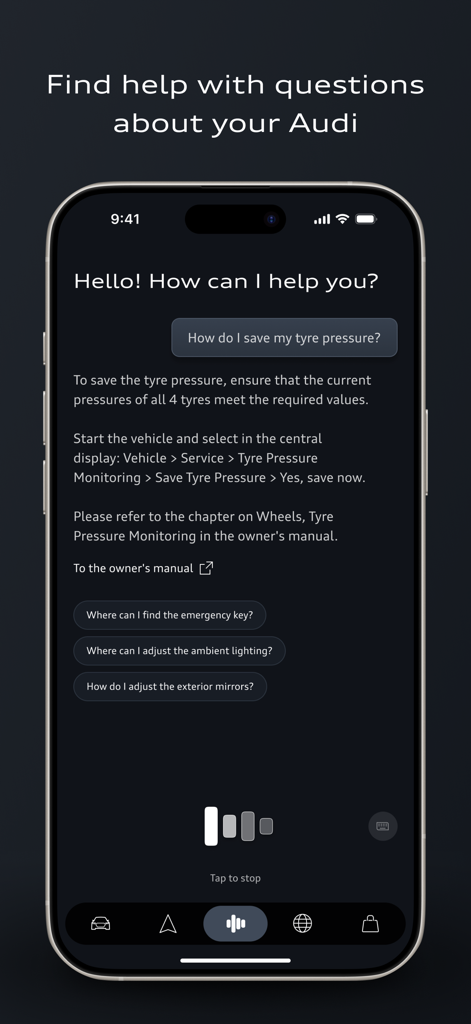 A smartphone screen showing the myAudi app AI assistant providing real-time information and instructions for vehicle maintenance.
