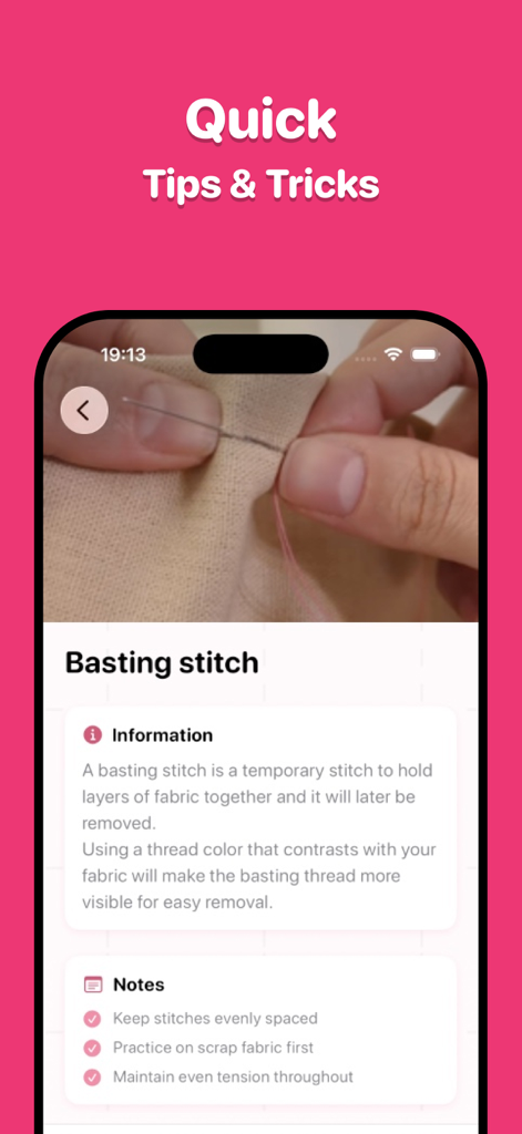 Sewie: Sewing Patterns- Stitch - Interface de tutorial do aplicativo Sewie para aprender a técnica do ponto de embainhar