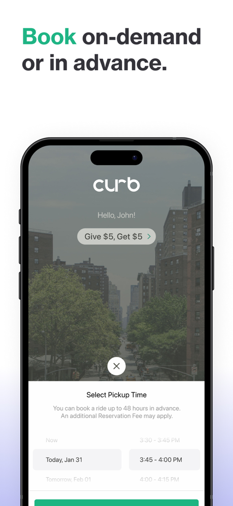 Interface do aplicativo Curb mostrando a opção de agendar uma corrida de táxi com até quarenta e oito horas de antecedência