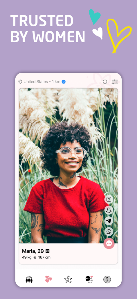 PINK - Women Chat & Community - Interfaz de la aplicación PINK que muestra el perfil de una mujer con el texto Confiado por Mujeres