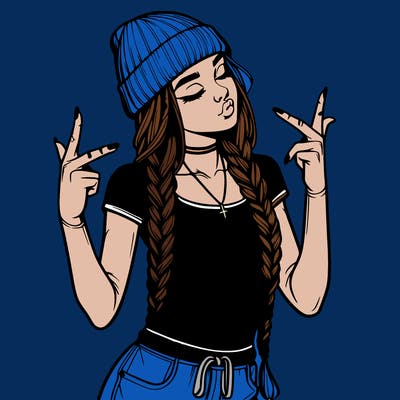 realistic teenage girl with braids and a beanie and crop top doing 🫶🏼