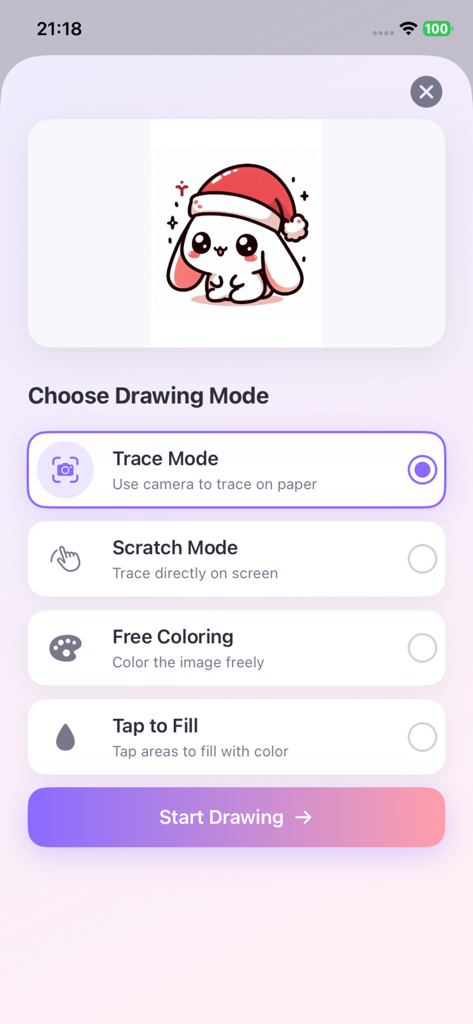 AR Drawing - TraceCam - A tela de seleção de modo de desenho no aplicativo AR Drawing TraceCam mostrando opções para Modo de Traçado, Modo de Rabisco, Coloração Livre e Toque para Preencher.