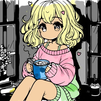 cute anime girl reading book and drinking hot chocolate from mug with loose wavy hair wearing a baggy sweatshirt and shorts sitting by windowsill looking out