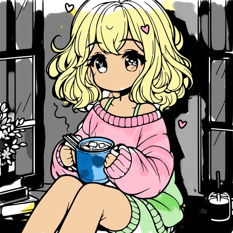 cute anime girl reading book and drinking hot chocolate from mug with loose wavy hair wearing a baggy sweatshirt and shorts sitting by windowsill looking out