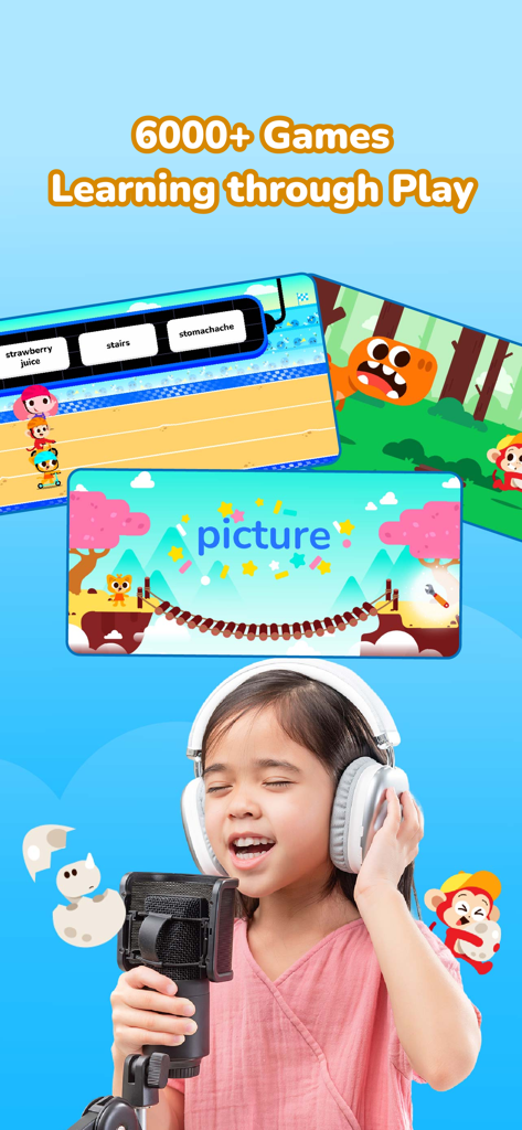 A young girl practicing English speaking with headphones and a microphone alongside Monkey Stories educational games