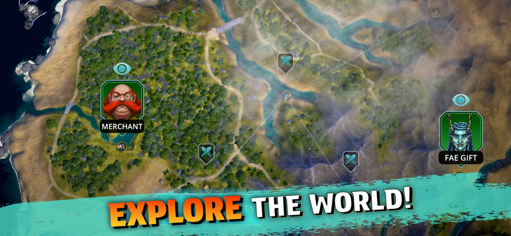 Un mapa del mundo de fantasía de Puzzle Quest 3 que muestra un personaje mercader y un icono de regalo feérico con el texto Explora el Mundo.