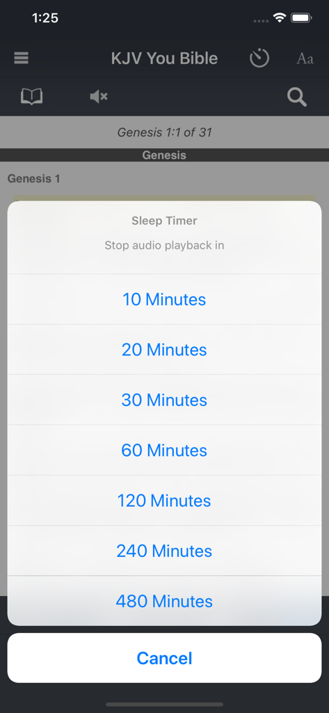 Scourby YouBible - Sleep timer menu in the Scourby YouBible app showing duration options for audio narration