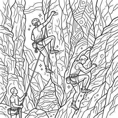 Experience the thrill of the ascent with this dynamic rock climbing coloring page, perfect for those who love adventure and detailed artwork. Dive into a world of strength and precision as you bring these daring climbers and intricate rock formations to life with your favorite colors.