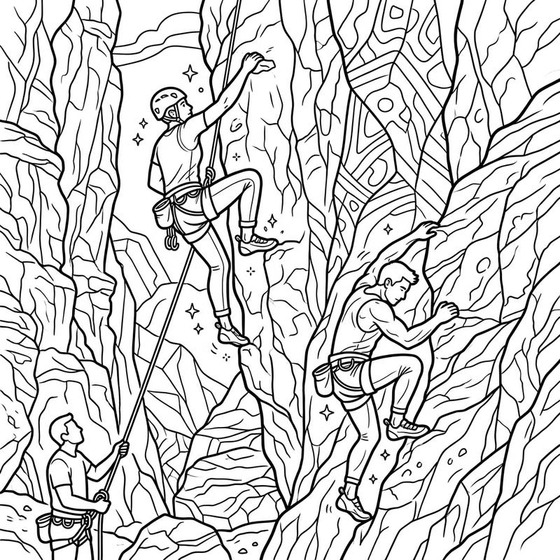 Experience the thrill of the ascent with this dynamic rock climbing coloring page, perfect for those who love adventure and detailed artwork. Dive into a world of strength and precision as you bring these daring climbers and intricate rock formations to life with your favorite colors.