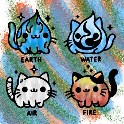 4 cats that represent the different elements, earth, water, air, and fire