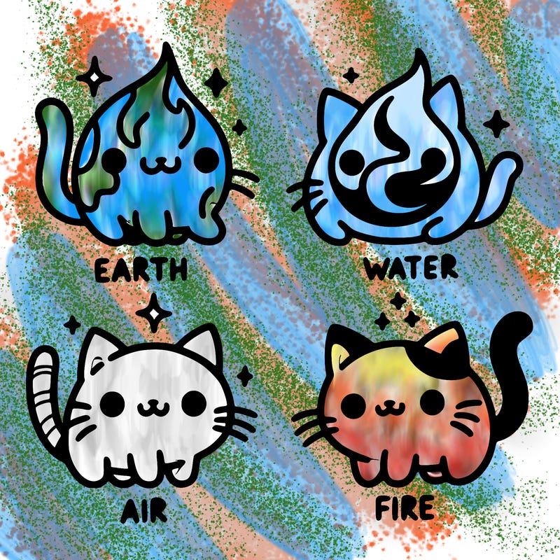 4 cats that represent the different elements, earth, water, air, and fire