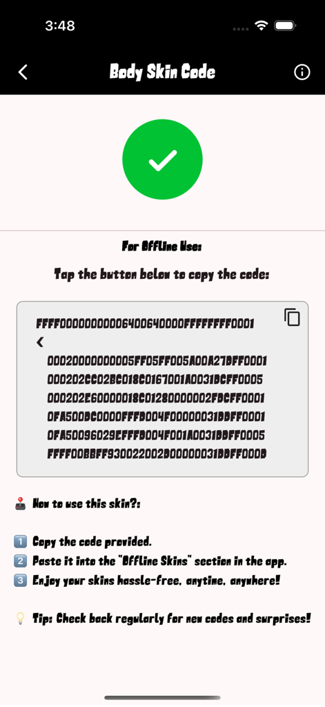 Interface mostrando um código de skin de carro com funcionalidade de cópia e instruções para FR Legends