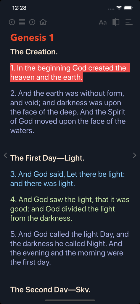 Bible ProStudy app interface showing Genesis chapter 1 in dark mode with a highlighted verse.
