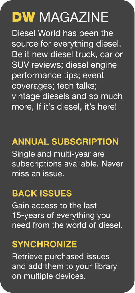 Diesel World - List of Diesel World app features including magazine content, annual subscriptions, back issues, and device synchronization.
