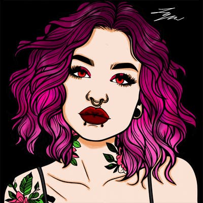 realistic woman with septum piercing and wavy hair and tattoos